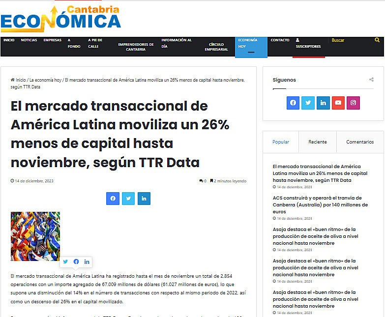 El mercado transaccional de Amrica Latina moviliza un 26% menos de capital hasta noviembre, segn TTR Data
